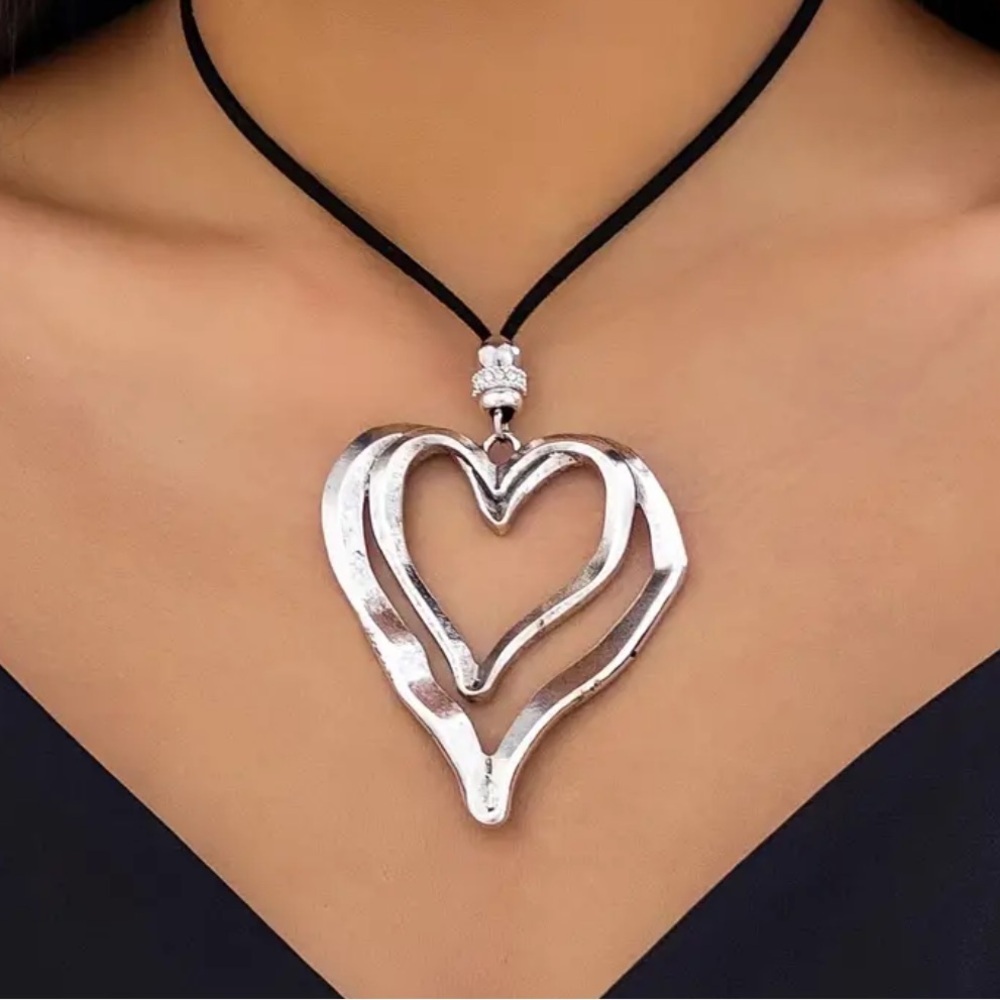 Necklace- Double hearts, pewter tone adjustable/black cord 44”/heart 3x2”/NIP
